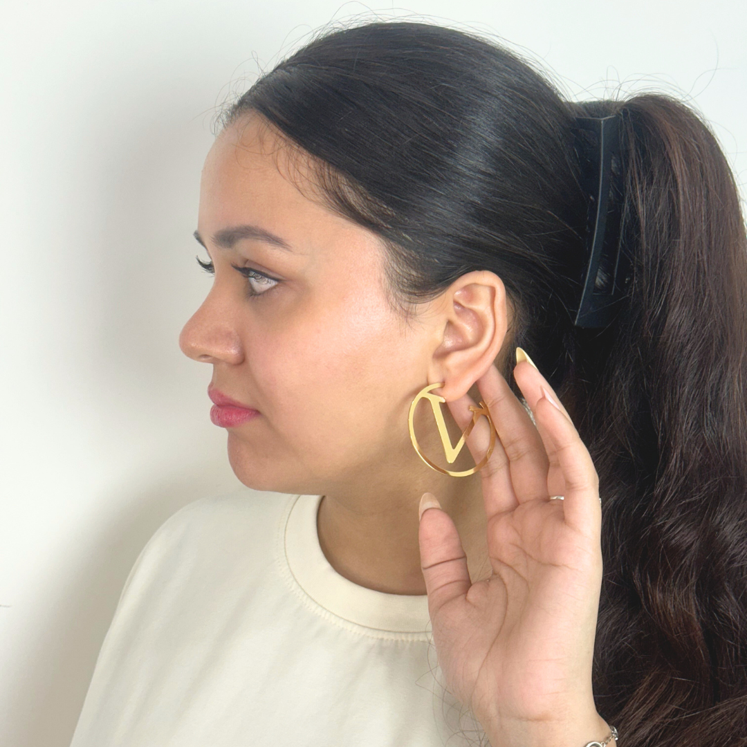 V Initialed Hoop Earrings